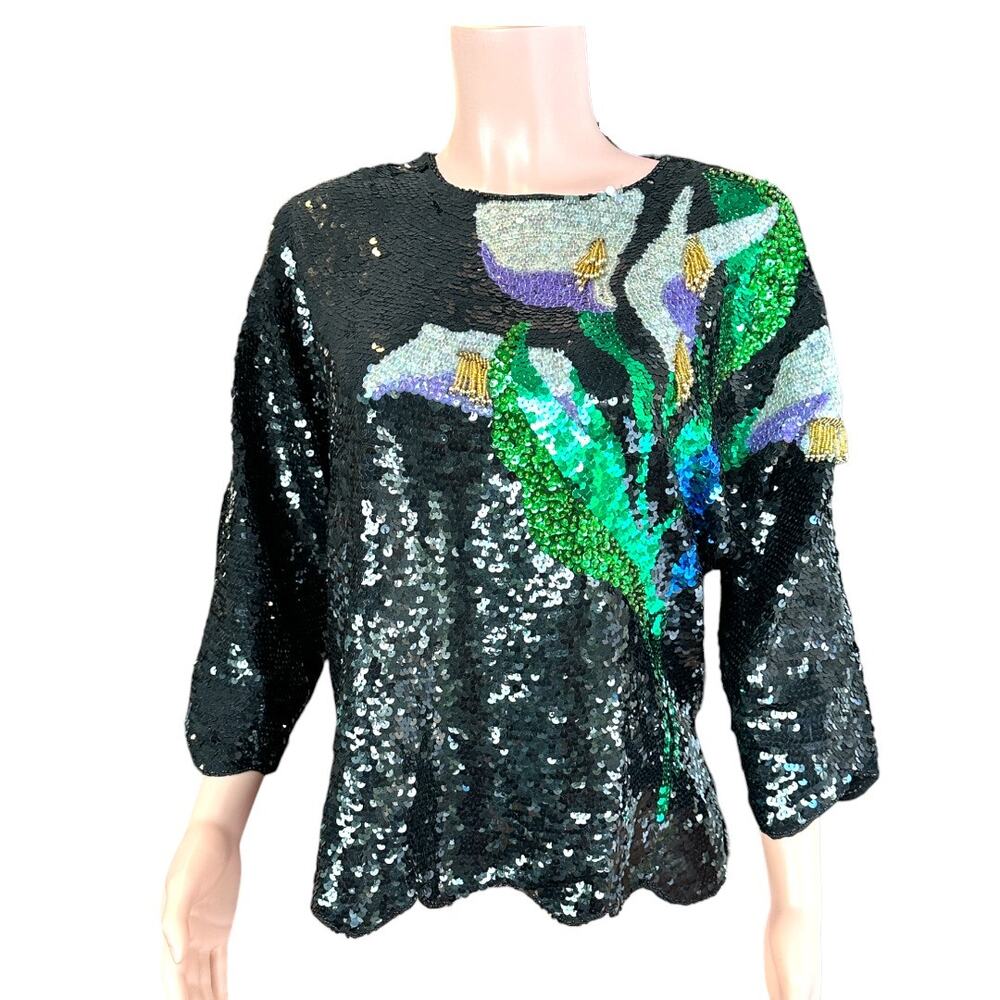 Vintage Black Silk Sequin Top 3/4 Batwing Sleeve Calla Lily Pattern Size XL 1X